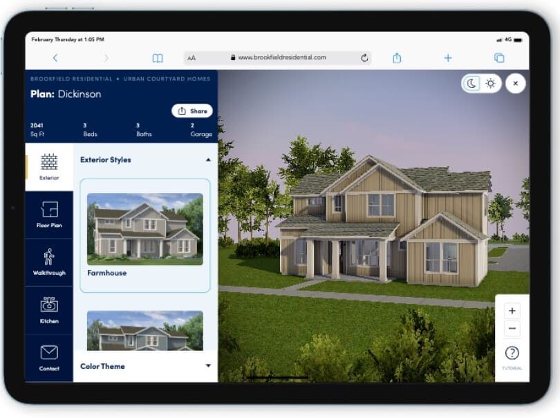 Exterior home rendering in the Brookfield Residential myVision tool