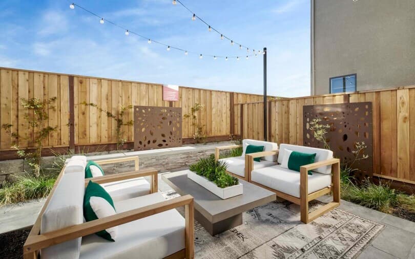 Outdoor seating space at Mulholland Residence 2 at BLVD by Brookfield Residential in Dublin CA