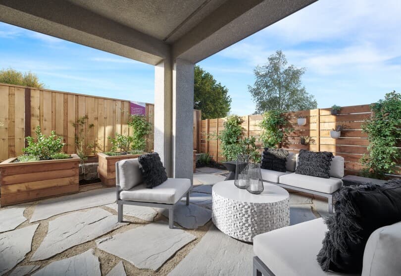 Small gardens in the backyard of Mulholland Plan 3 at BLVD by Brookfield Residential NorCal