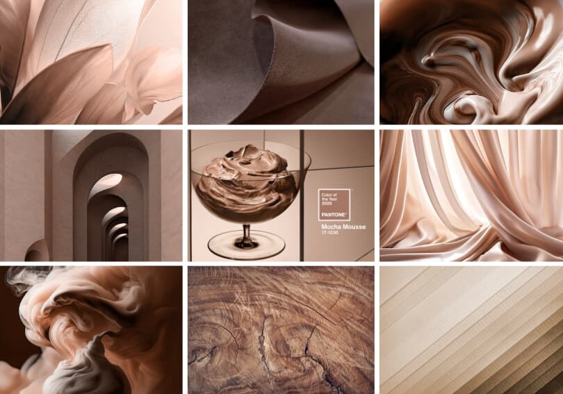 Collage of 2025 Pantone Color of the Year Mocha Mousse inspiration