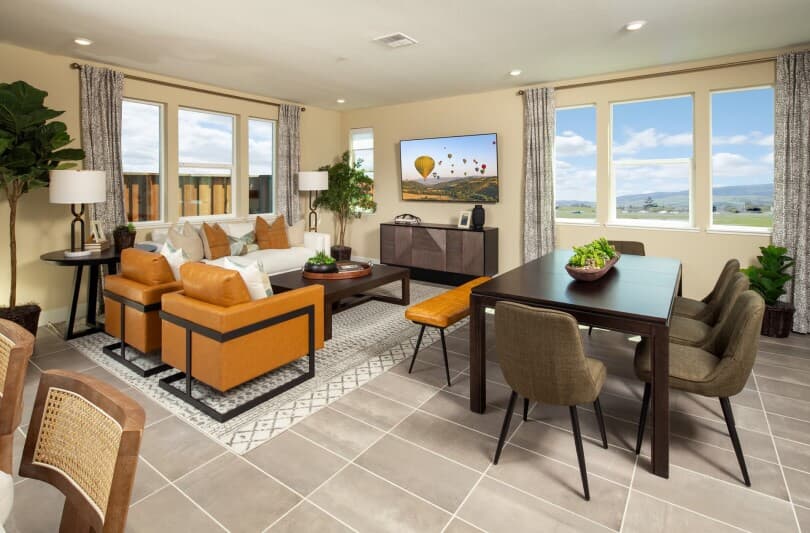 Great room and dining in Residence 1 in Sundance at Rosewood in Morgan Hill CA