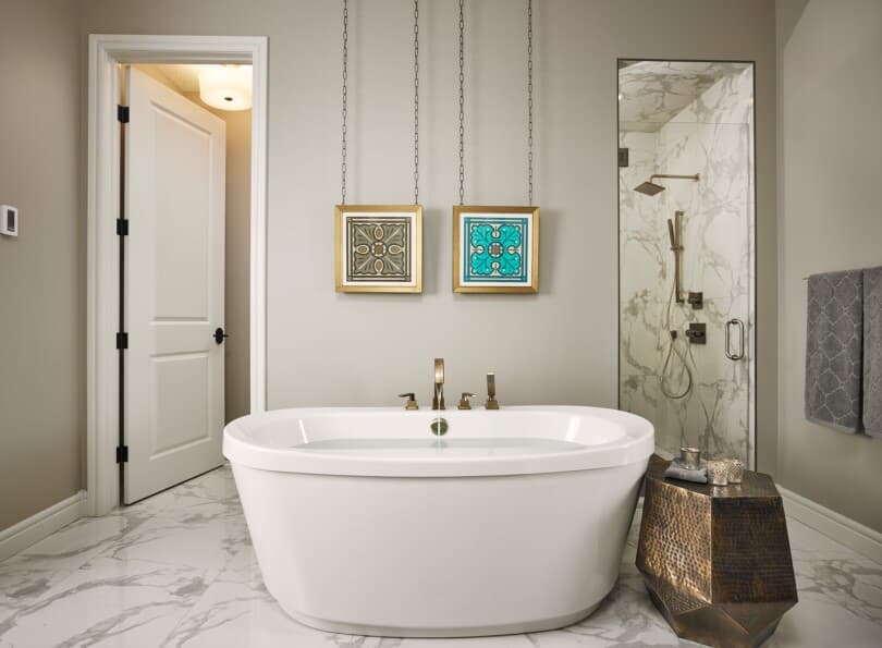 Marble ensuite in Carrara 2 at Cranstons Riverstone by Brookfield Residential in Calgary AB