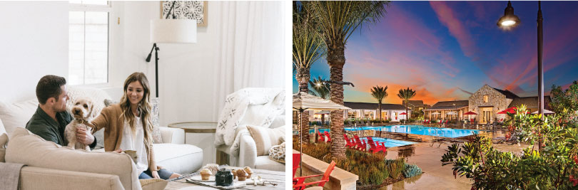 Left: Zack and Katie; Right: Dusk pool at the Rec Center at New Haven in Ontario Ranch, CA | Brookfield Residential