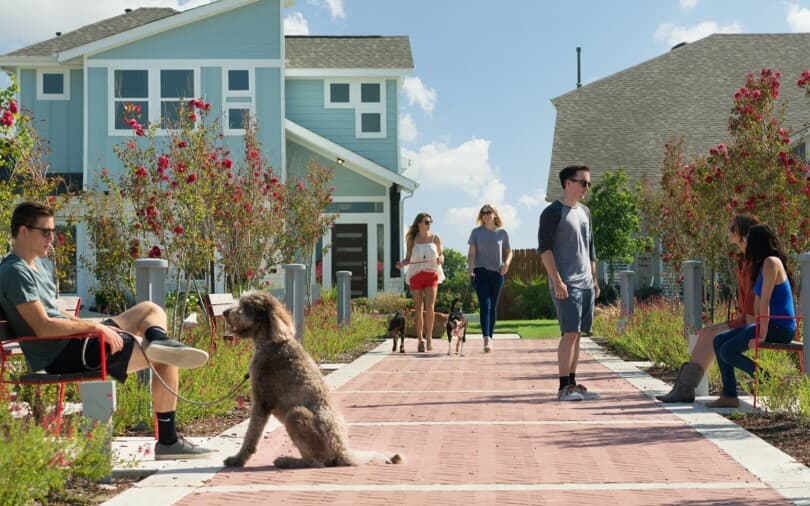 Young people walking dogs at Easton Park in Austin TX