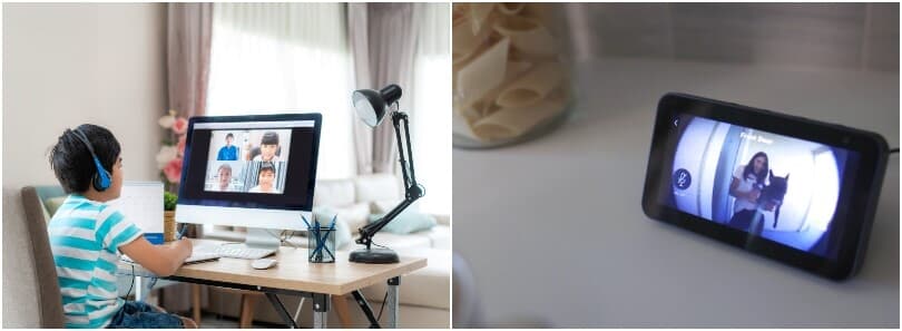 Child on the computer doing distance learning and a close up of a phone with a video doorbell image