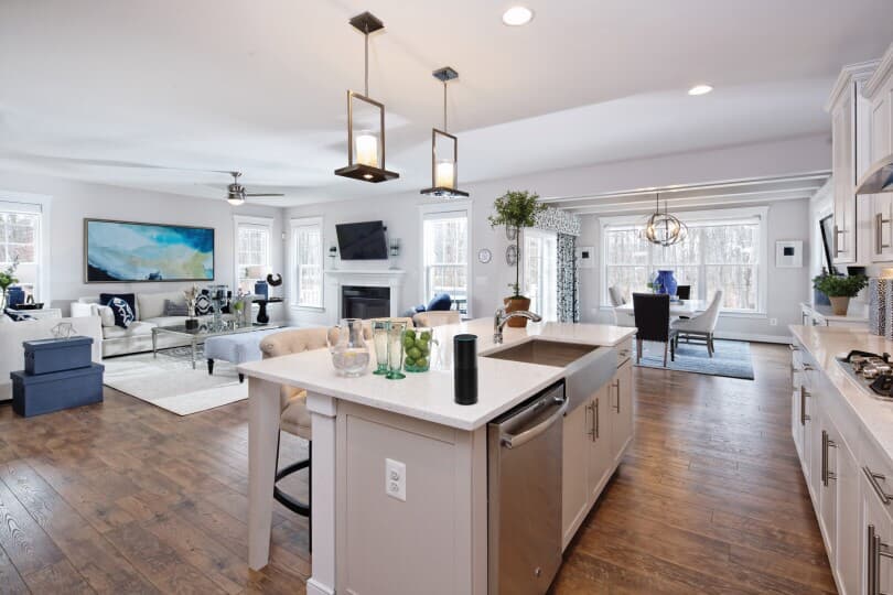Interior view of the kitchen and great room in the Kensington plan inside the Avendale community in Bristow VA