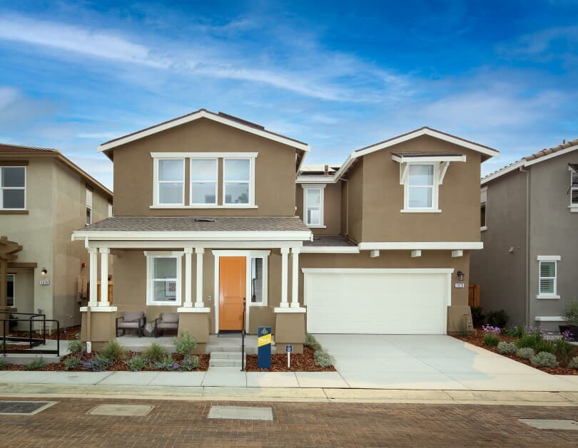 Exterior with front porch of Residence 5 at Chandler in Brentwood, CA