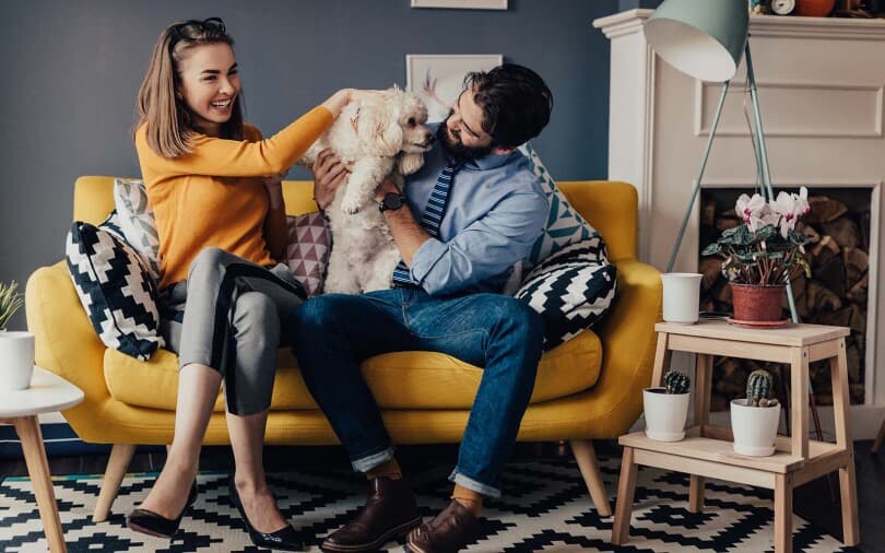 Couple sitting on the sofa with their dog at Melrose at Boulevard in Dublin CA