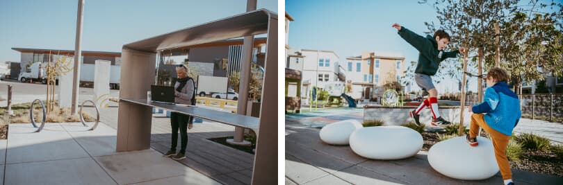 L: Woman Working at Pocket Park; R: Kids Playing at Pocket Park | Boulevard in Dublin, California | Brookfield Residential