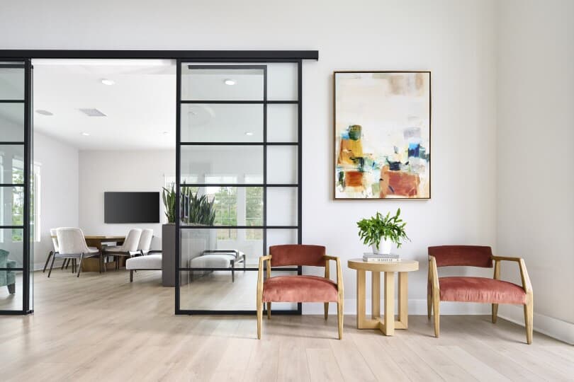 Seating in the sales office at Villas at Los Coyotes Golf Club by Brookfield Residential in Buena Park, CA