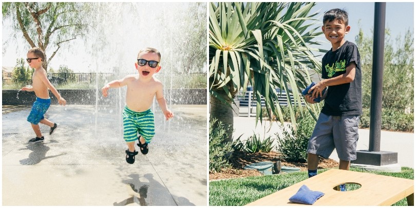 Kids playing on the splash pad and cornhole at a Brookfield Residential community