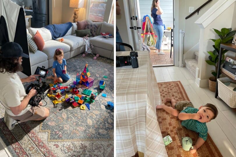 Boy playing on the floor & little girl playing magnatiles