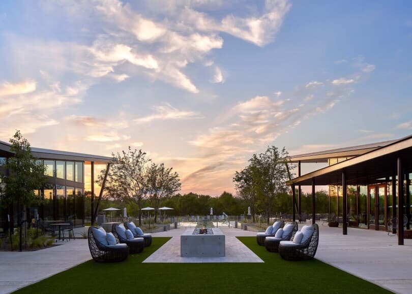 Sunset at The Union amenity center at Easton Park in Austin, TX