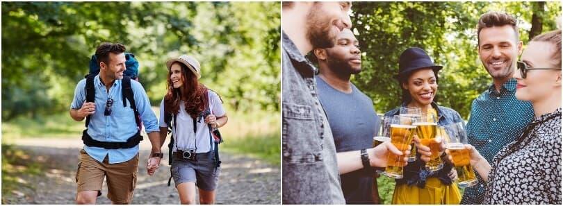 A couple hiking and a group cheers with beer in Winchester, VA