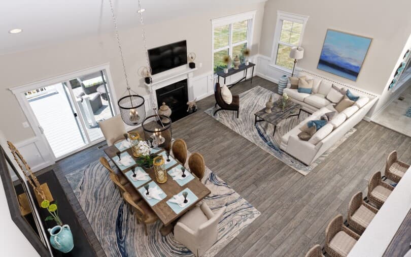 Aerial view of the dining and living rooms in Weymouth at Waterford Manor in Leesburg, VA