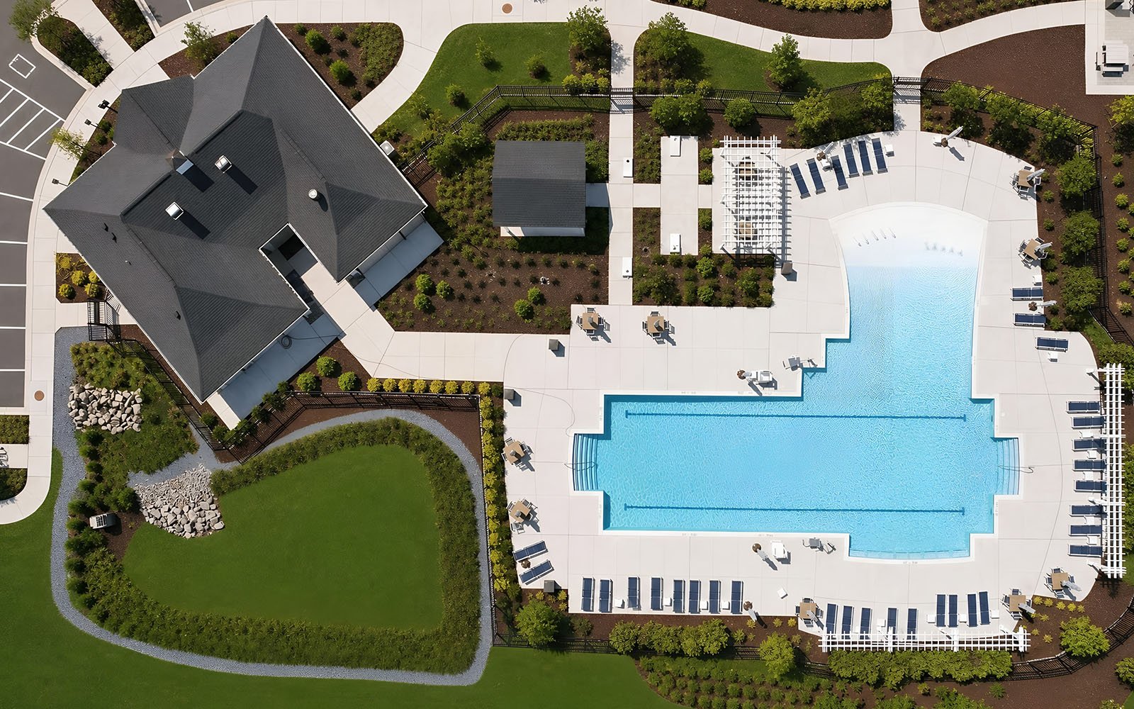 An aerial of the pool and clubhouse at Lakeside at Trappe near Easton, MD.