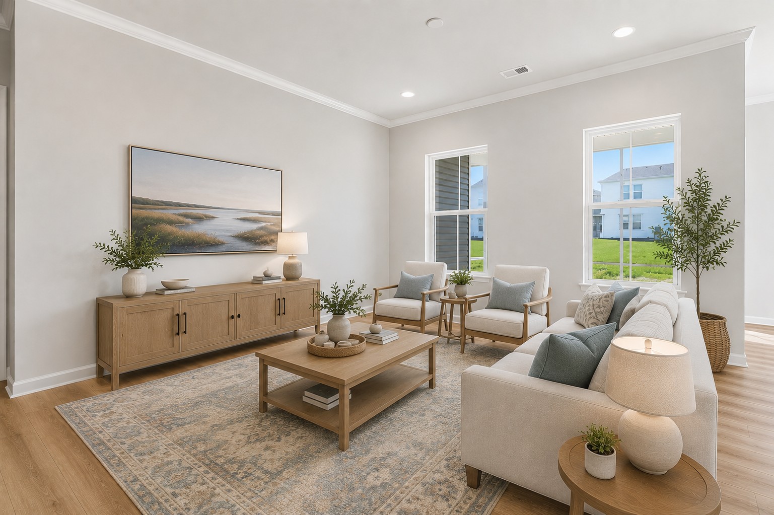 The virtually staged family room of the Matisse on homesite 132 at Lakeside at Trappe.