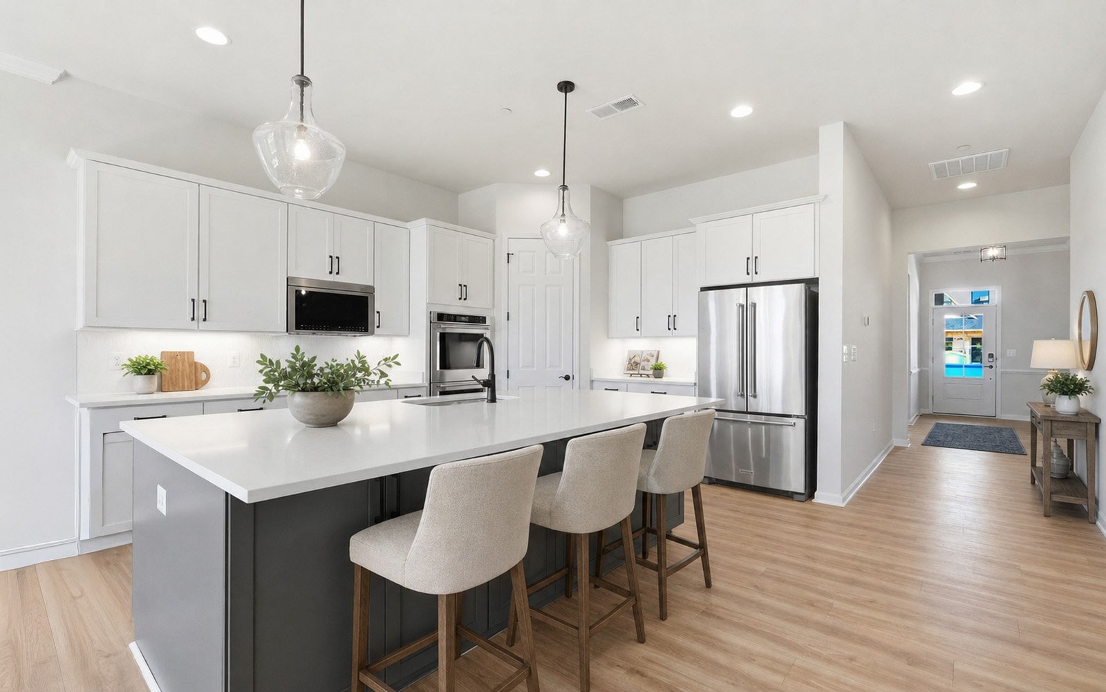 The virtually staged kitchen of the Matisse on homesite 132 at Lakeside at Trappe.