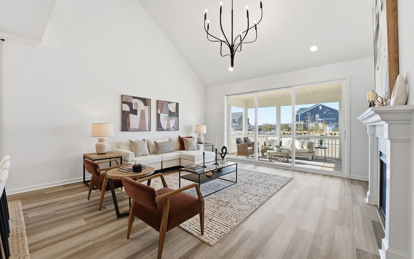 The great room with vaulted ceiling of the Delaney by Brookfield Residential.