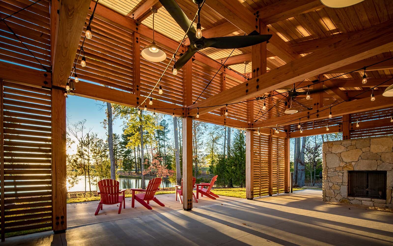 The Farmhouse information and cafe overlook the lake at Wendell Falls.