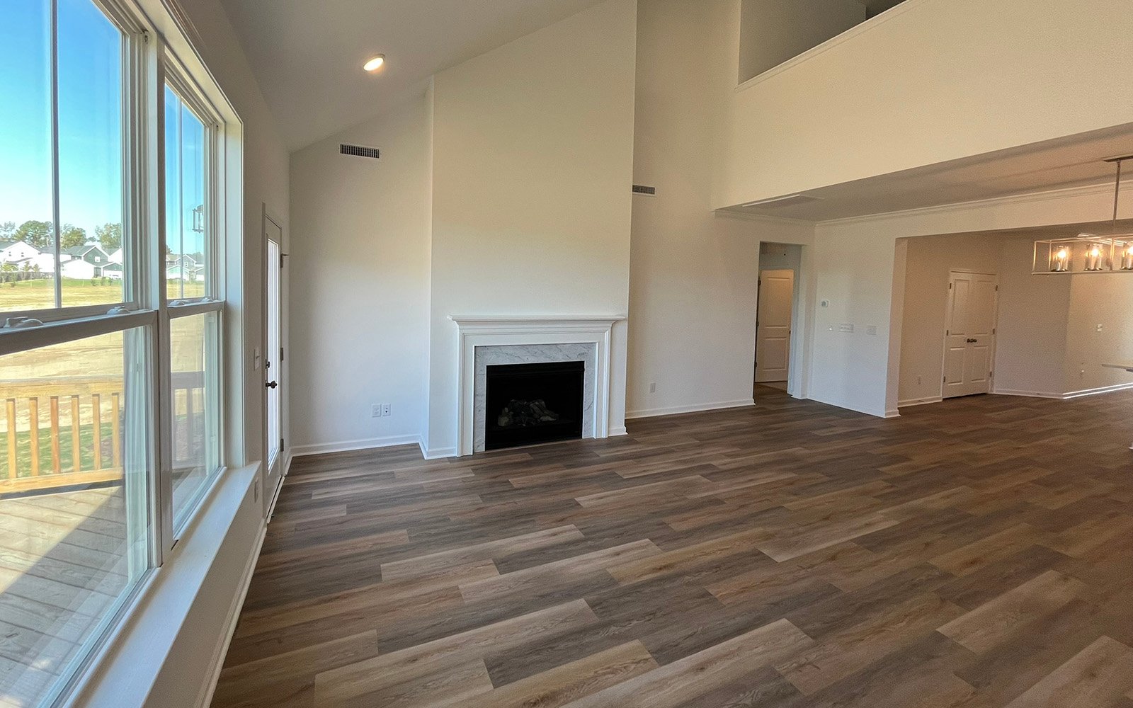 The great room in the Declan on homesite 2433 by Brookfield Residential at Wendell Falls.