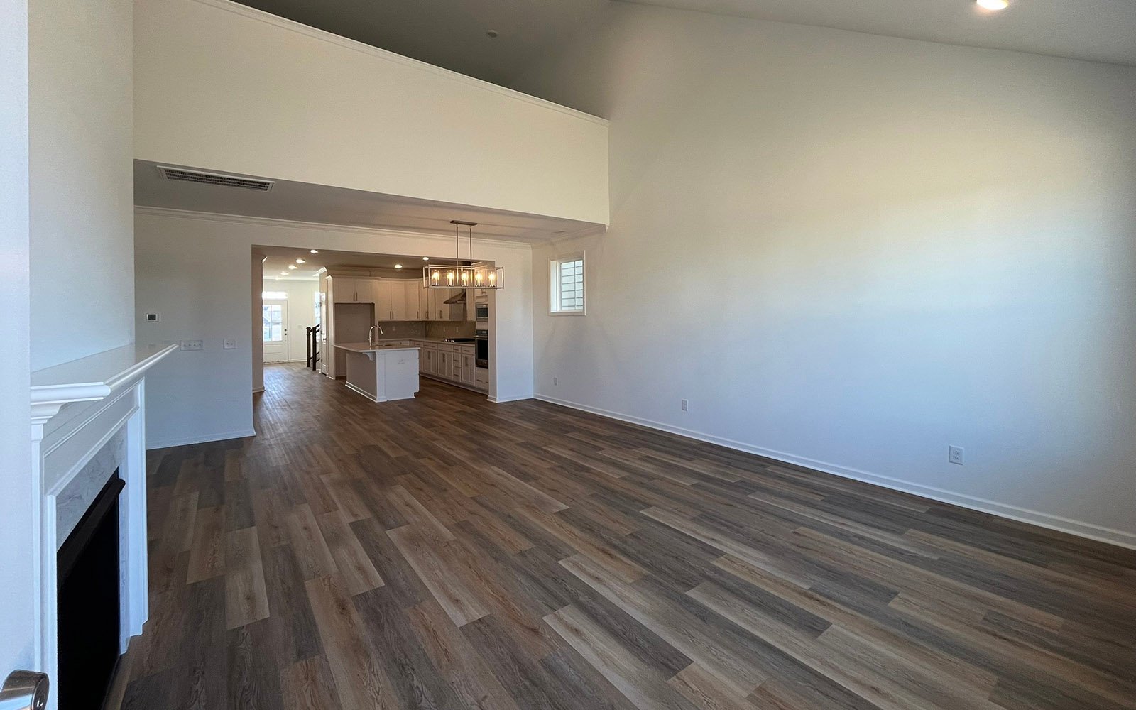 The great room in the Declan on homesite 2433 by Brookfield Residential at Wendell Falls.