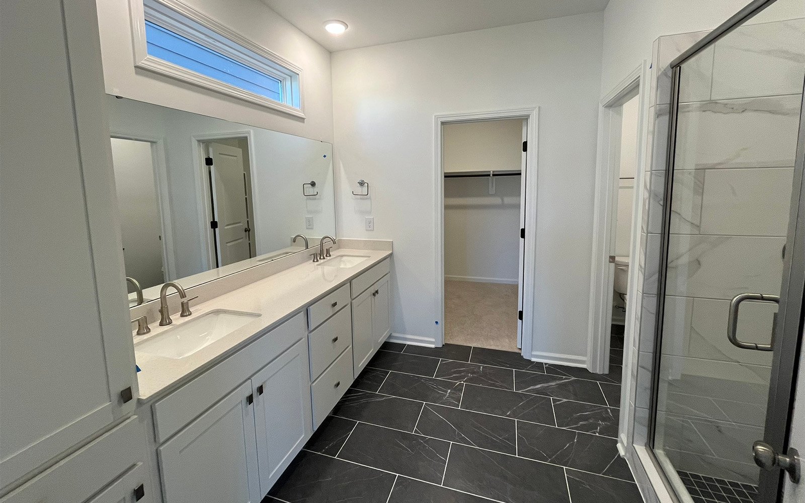 The primary bathroom in the Declan on homesite 2433 by Brookfield Residential at Wendell Falls.