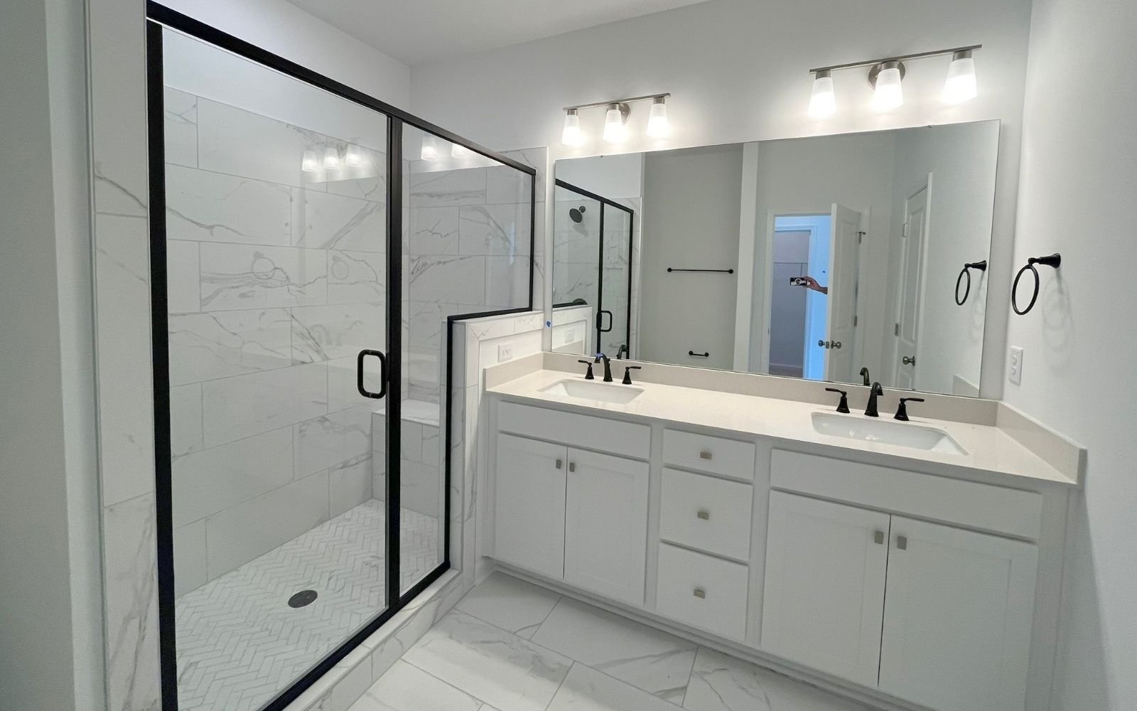 The primary bathroom of the Lennox on homesite 2579 by Brookfield Residential at Wendell Falls.