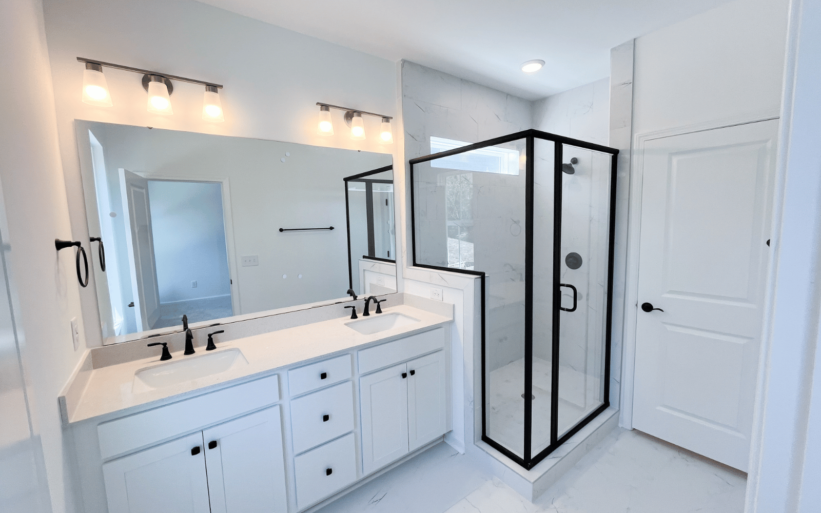 The primary bathroom of the Morgan on homesite 2569 by Brookfield Residential at Wendell Falls.