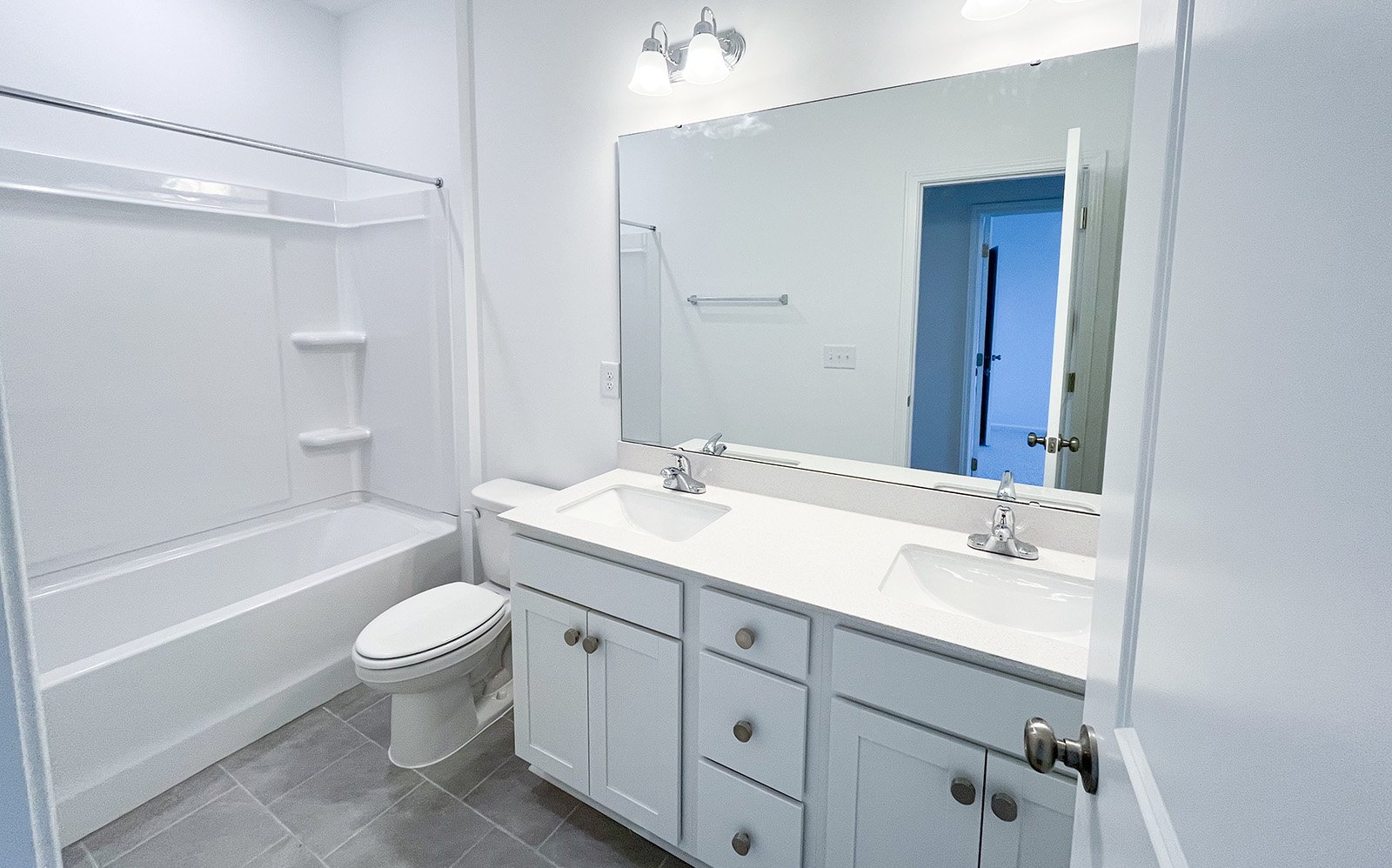 A secondary bathroom in the Morgan on homesite 2548 by Brookfield Residential at Wendell Falls.
