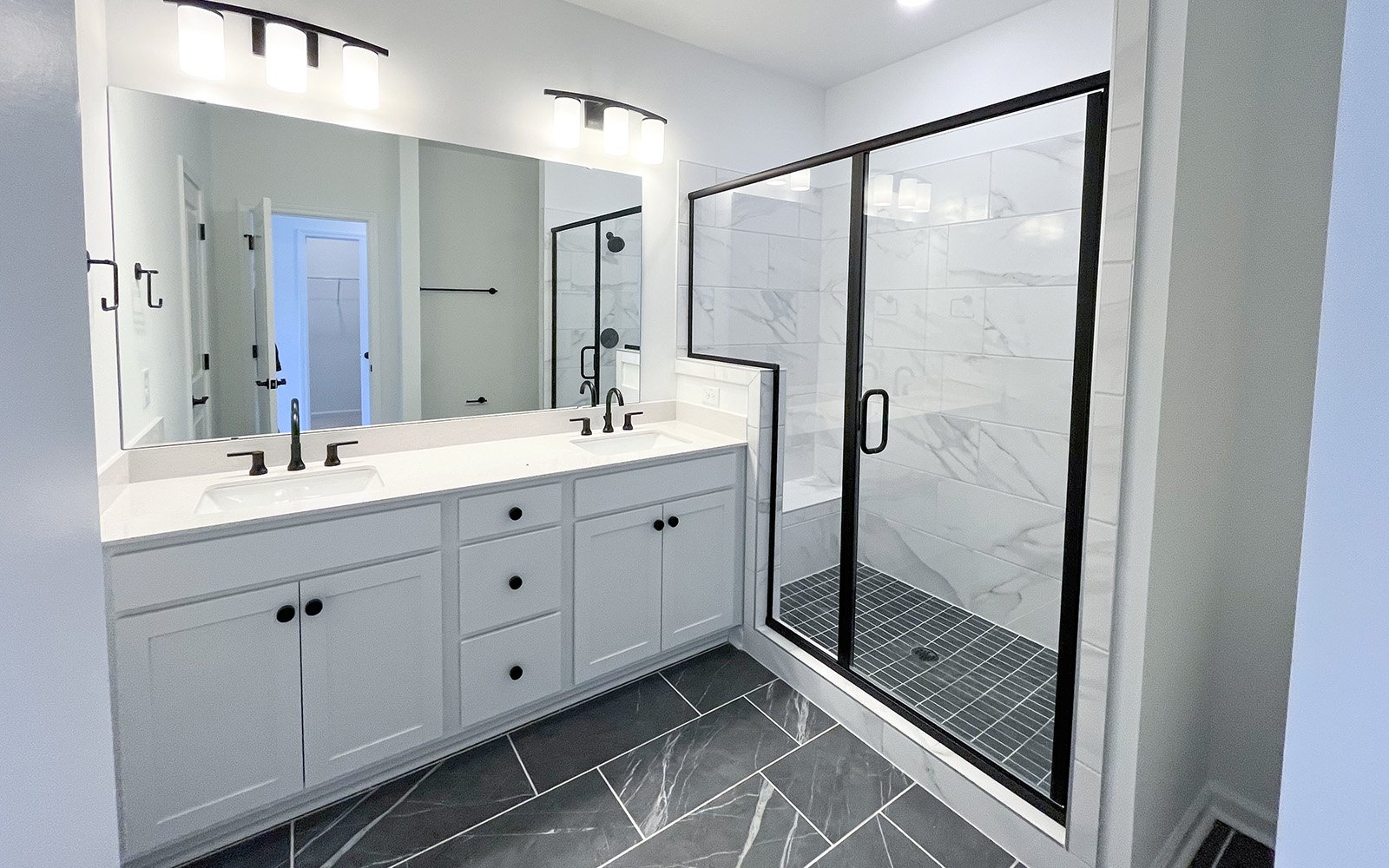 The primary bathroom of the Lennox on homesite 2561 at Wendell Falls.