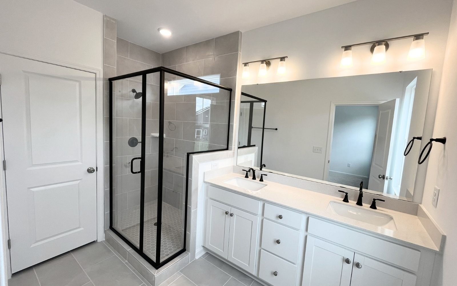 The primary bathroom of the Morgan on homesite 2579 by Brookfield Residential at Wendell Falls.