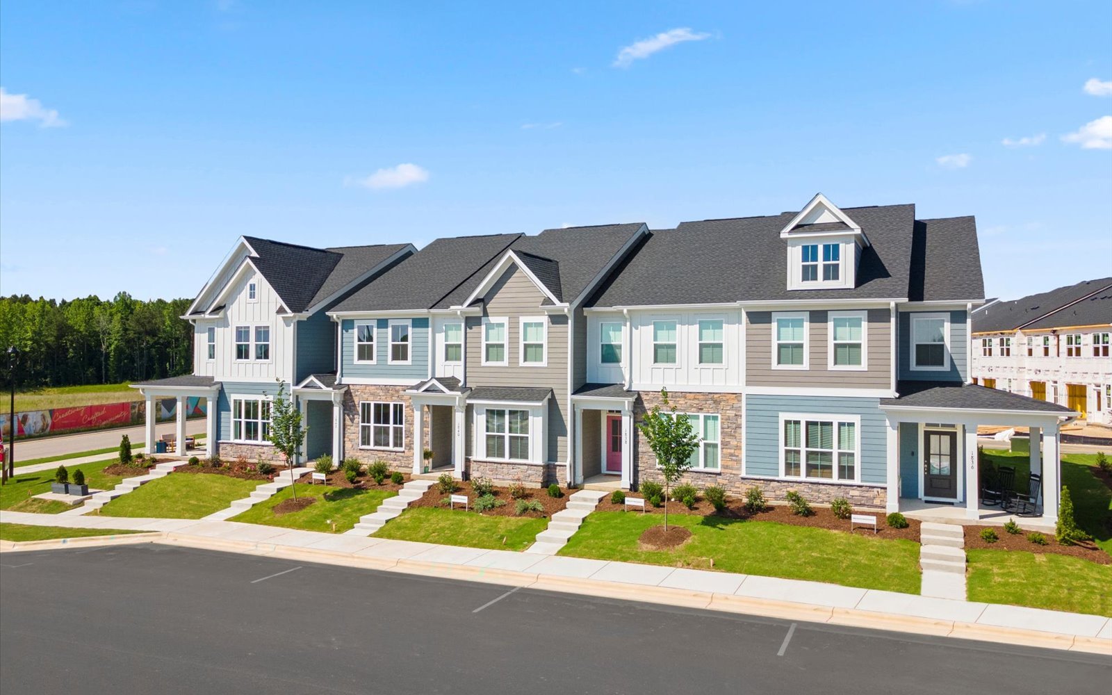 An exterior view of the townhomes by Brookfield Residential at Wendell Falls. 