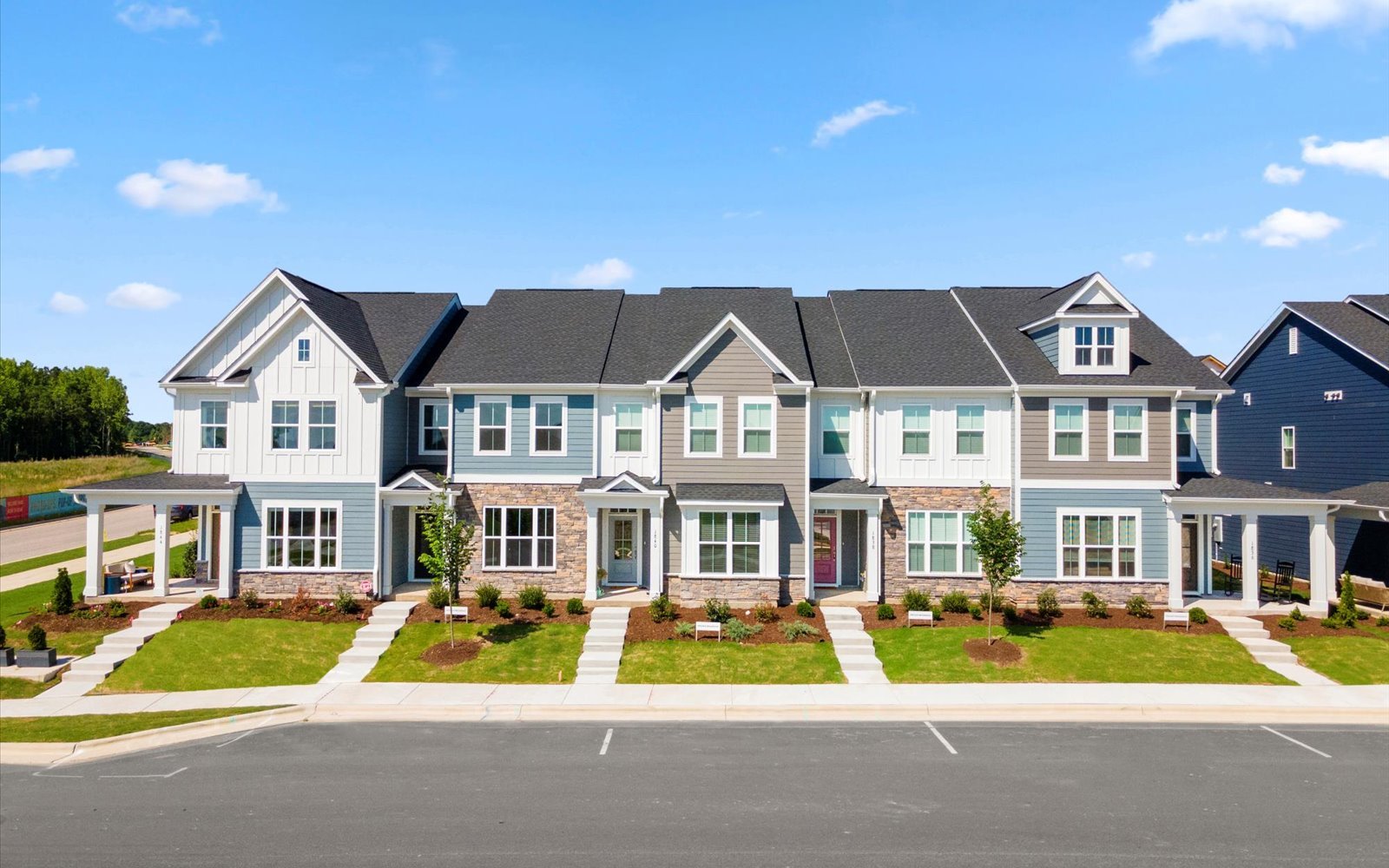 An exterior view of the townhomes by Brookfield Residential at Wendell Falls. 