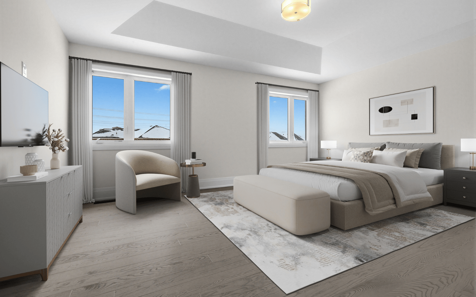 Virtually Staged photo of the Primary Bedroom in Lot 104 at Heartland in Baxter, ON