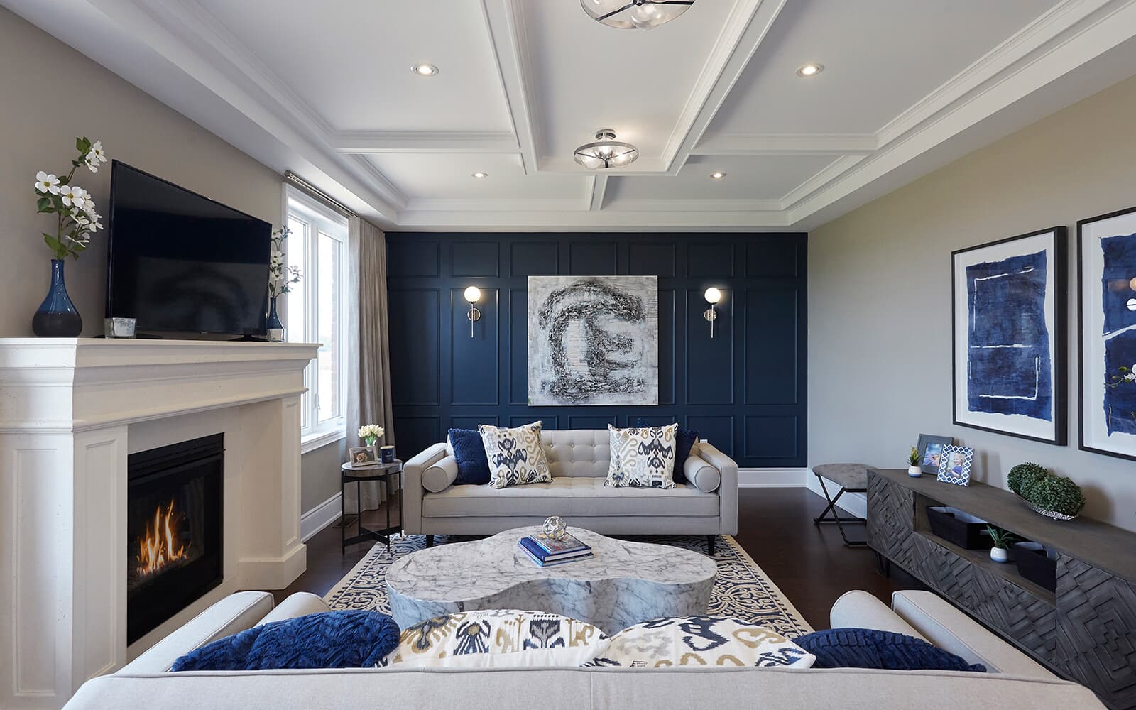 Family Room in the Westwood Model Home at Heartland in Baxter, Ontario.