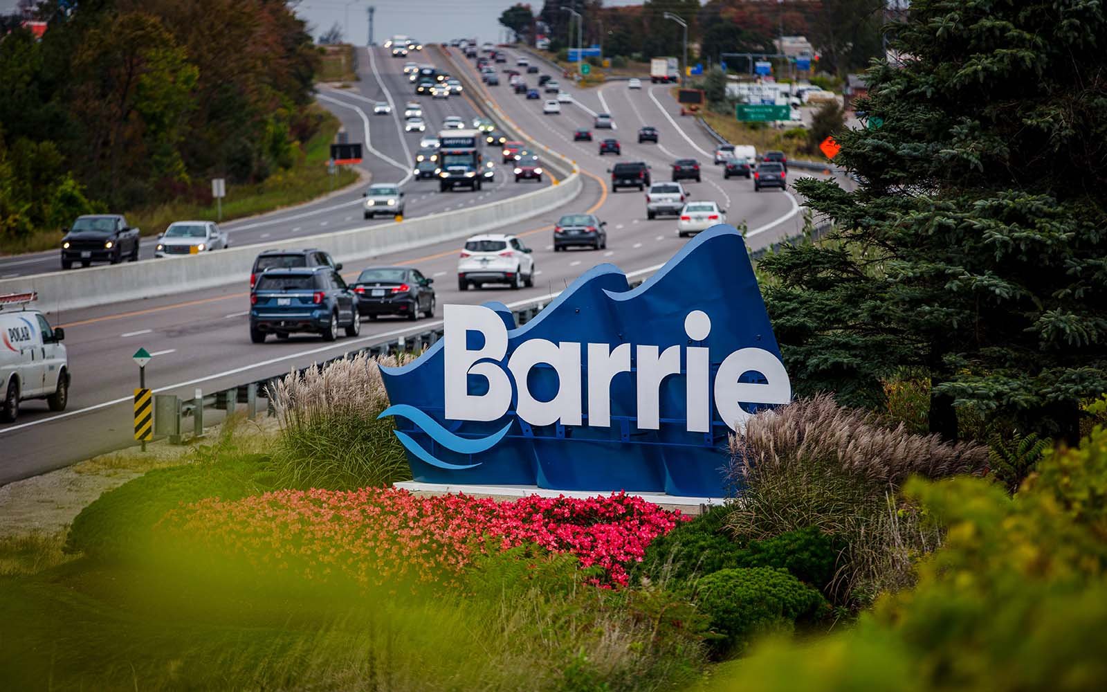 Barrie sign by the highway at Midhurst Valley in Midhurst, Ontario.