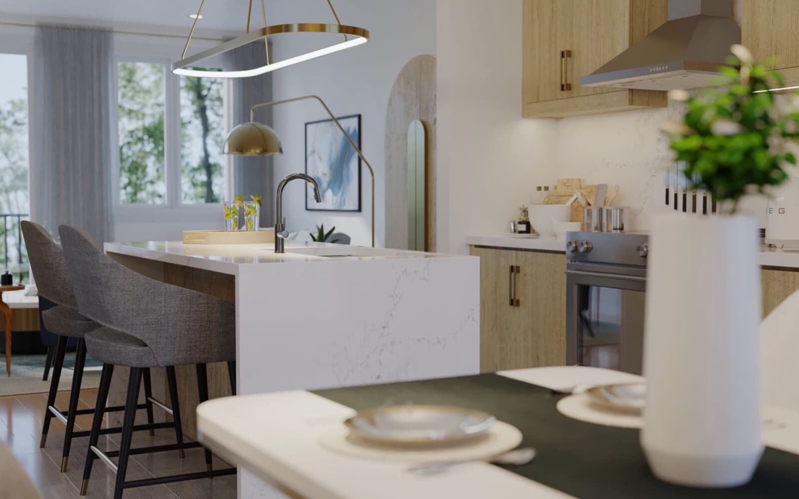 A rendering of a white kitchen, in the New Seaton community.