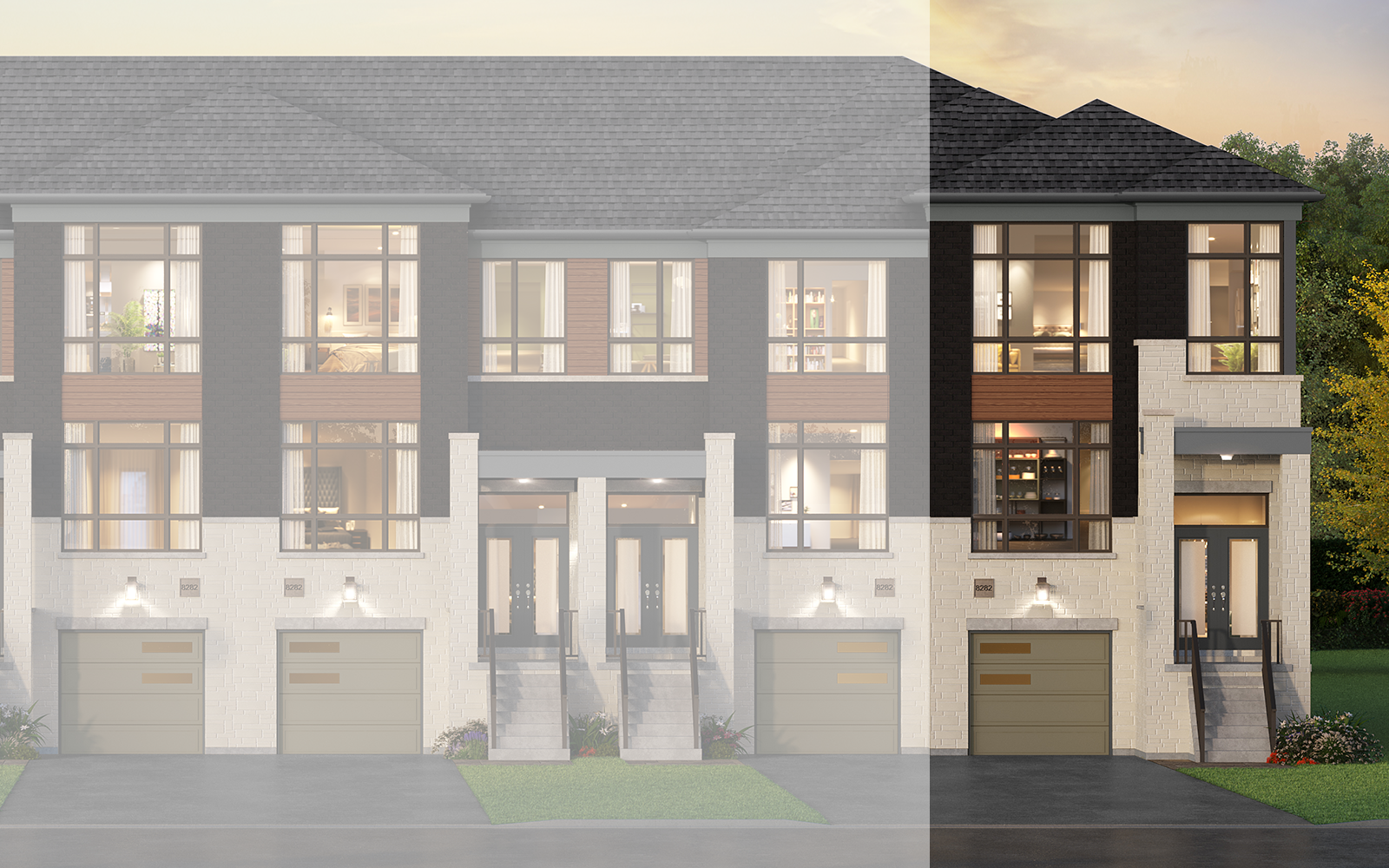 Exterior Rendering of the Alderwood End Plan Style C1 at New Seaton in Pickering, Ontario.