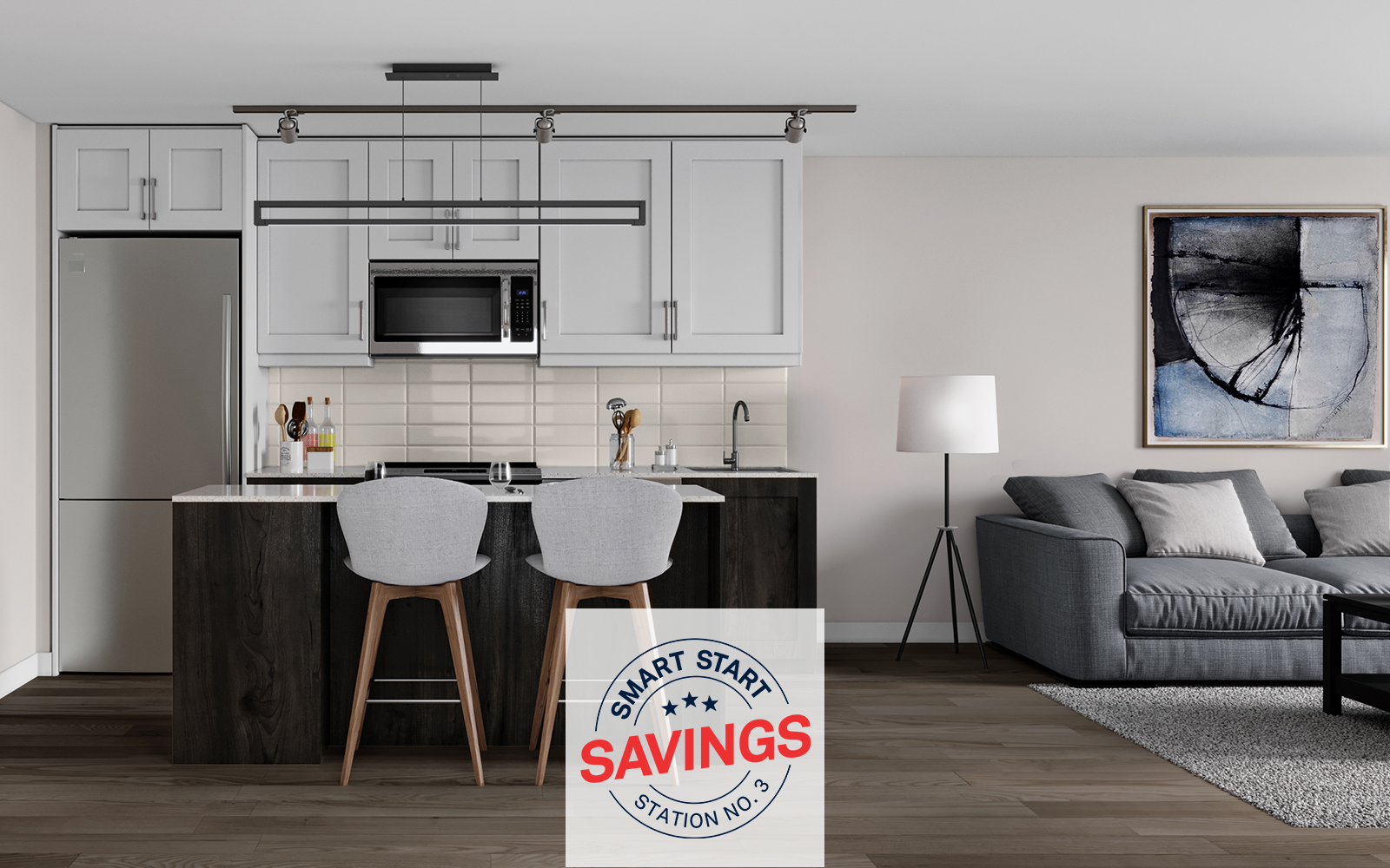 Interior rendering of Suite 334 at Station No. 3 in Whitby, ON