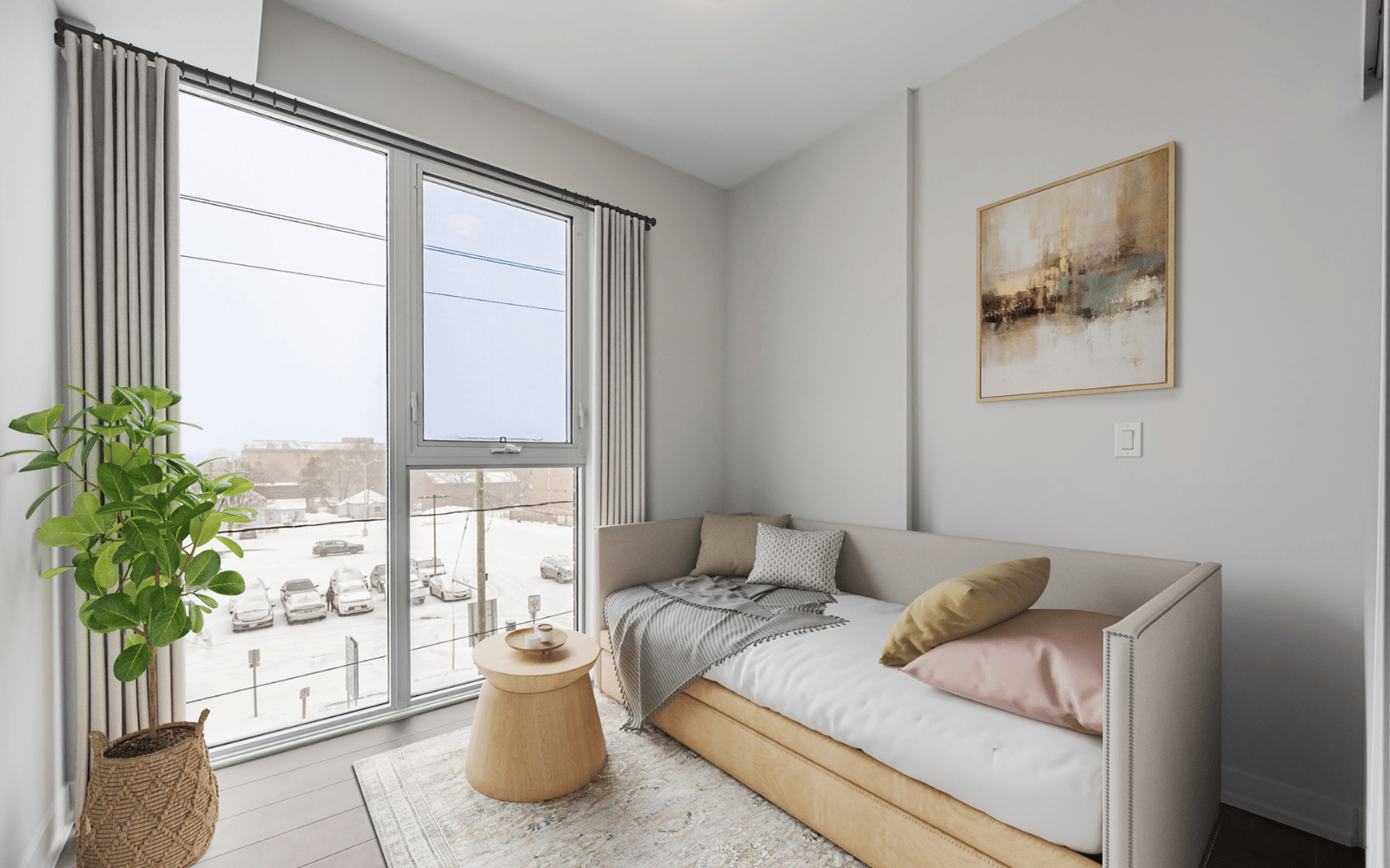 Virtually staged photo of the bedroom in a Trent suite at Station No. 3 in Whitby, ON