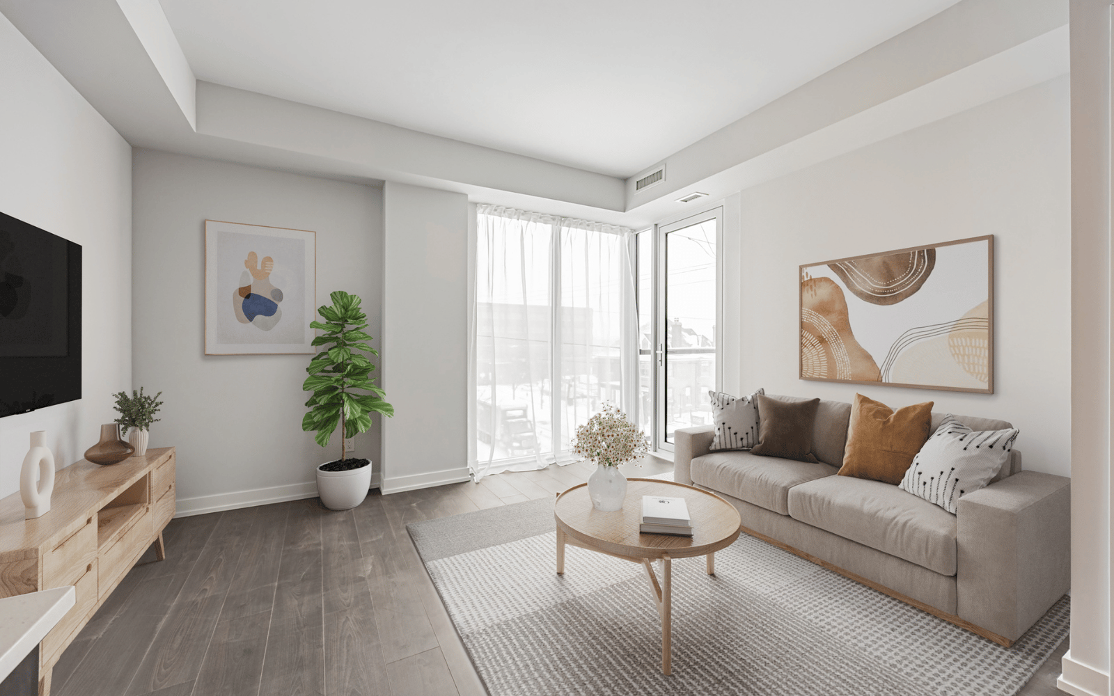 Virtually staged photo of the living area in a Trent suite at Station No. 3 in Whitby, ON