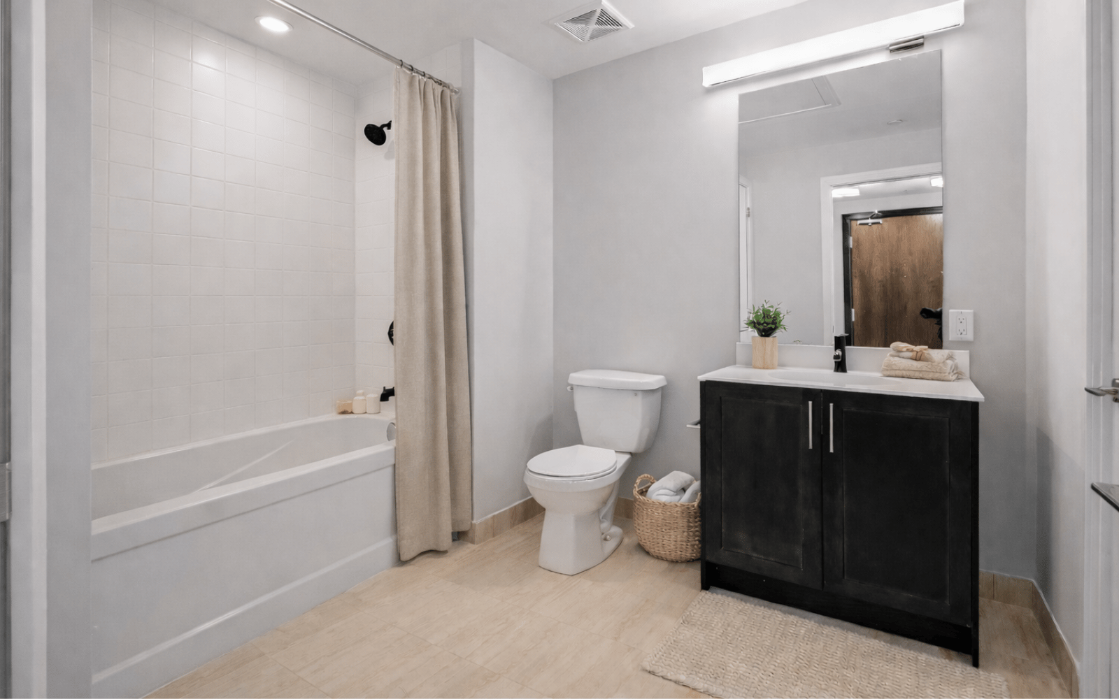 Virtually staged photo of the bathroom in a Pine suite at Station No. 3 in Whitby, ON