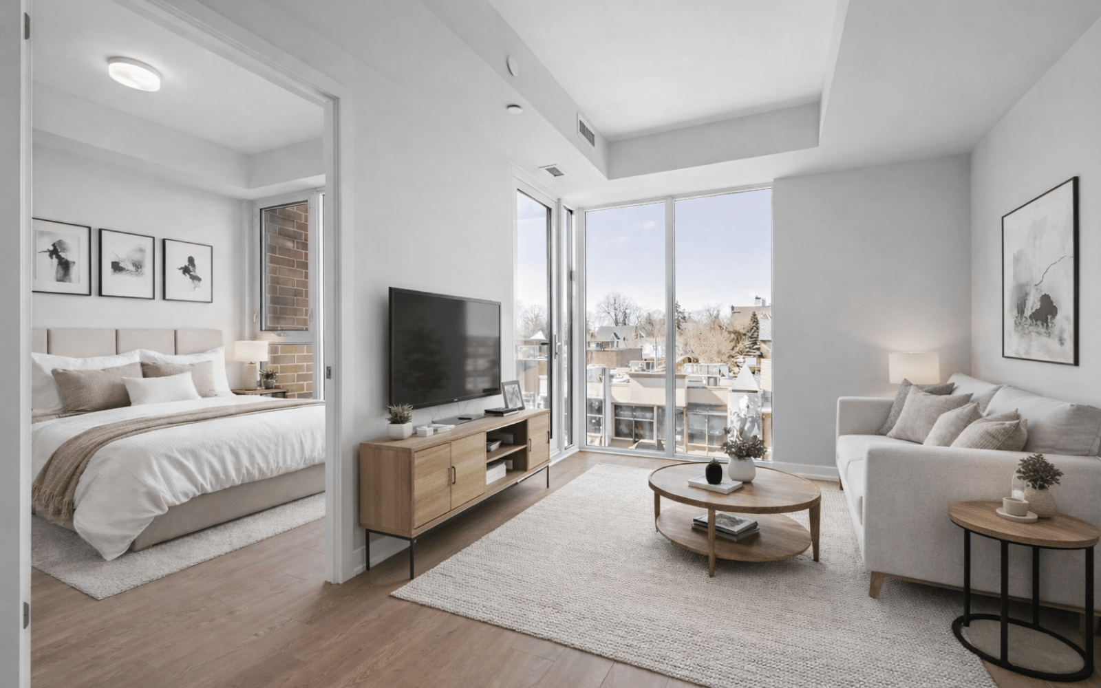 Virtually staged photo of the living area in the Pine suite at Station No. 3 in Whitby, ON