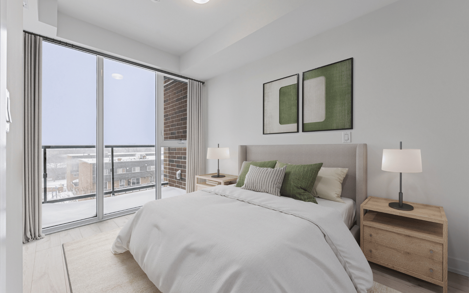 Virtually staged photo of a bedroom in a Green plan at Station No. 3 in Whitby, ON