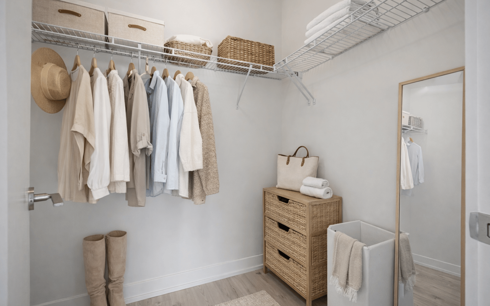 Virtually staged photo of walk-in-closet in the Green suite at Station No. 3 in Whitby, ON