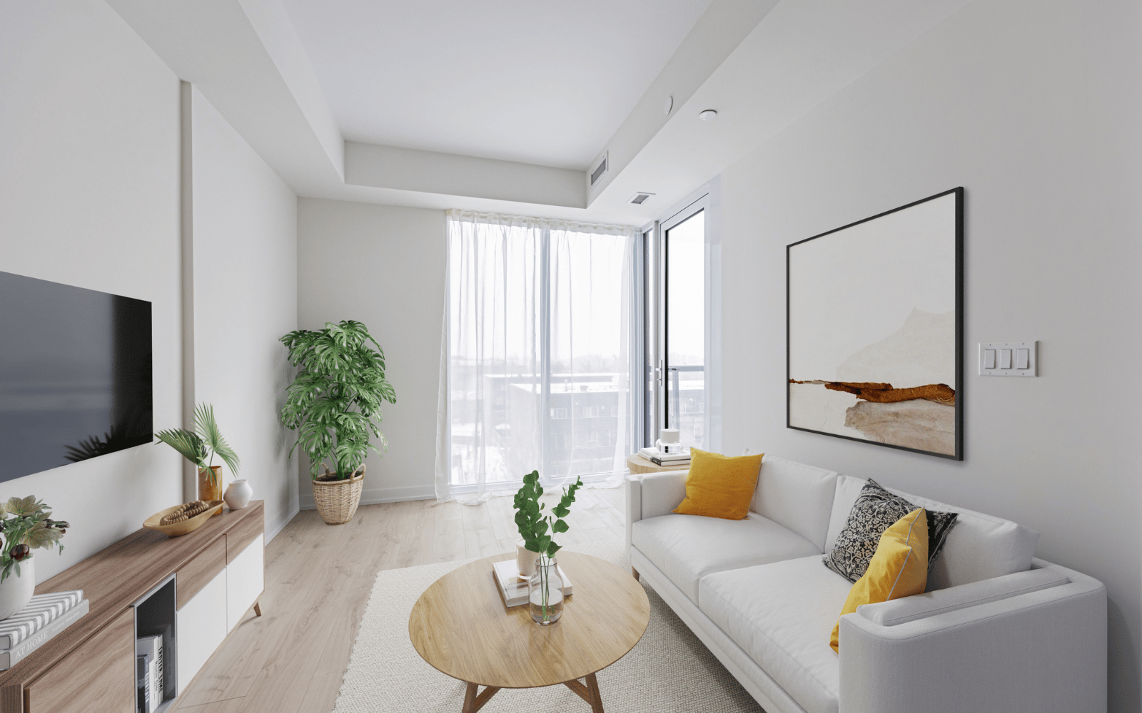 Virtually staged photo of the living area in a Green plan at Station No. 3 in Whitby, ON
