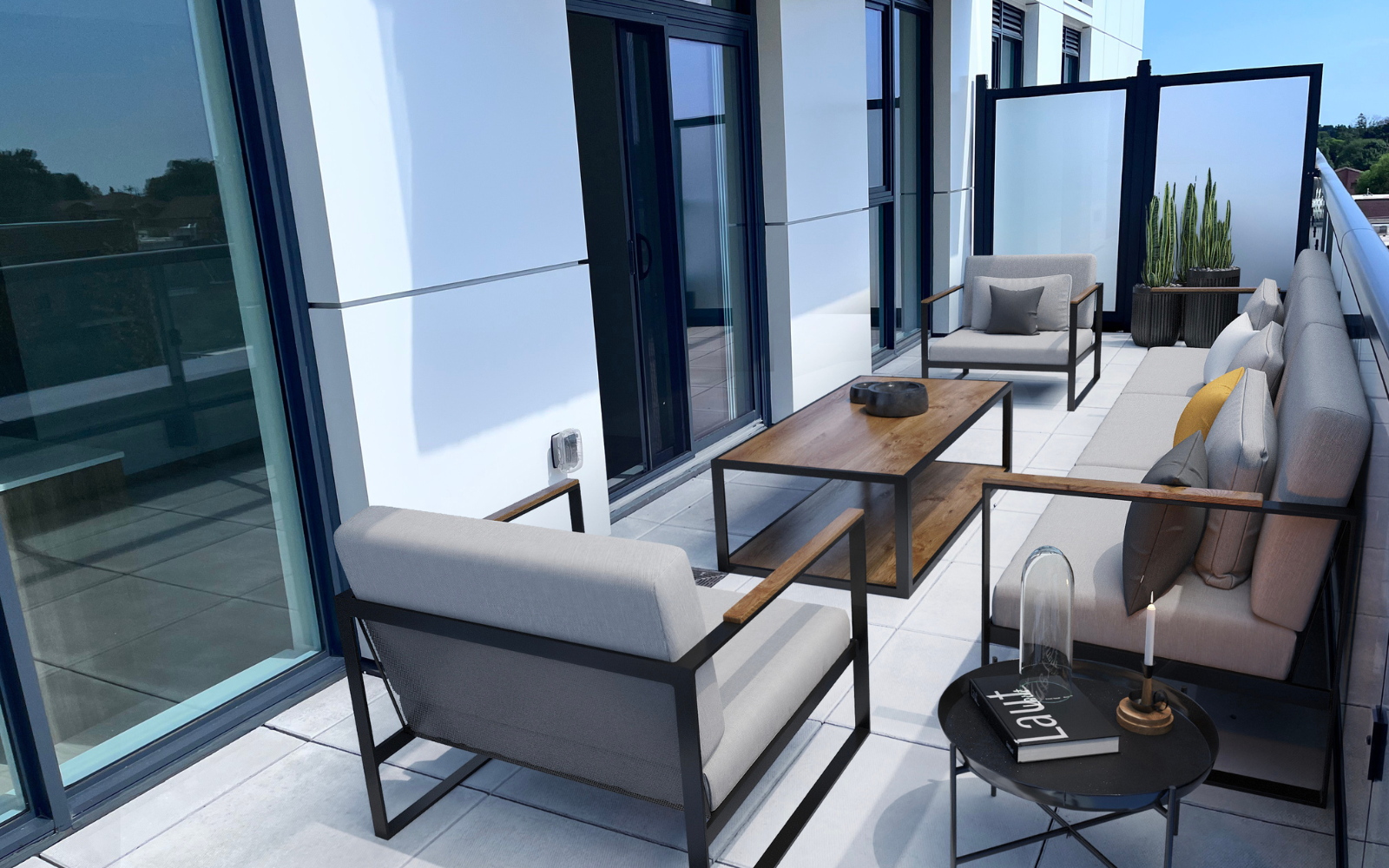 Virtually staged photo of the terrace of Suite 506 at Station No. 3 in Whitby, ON