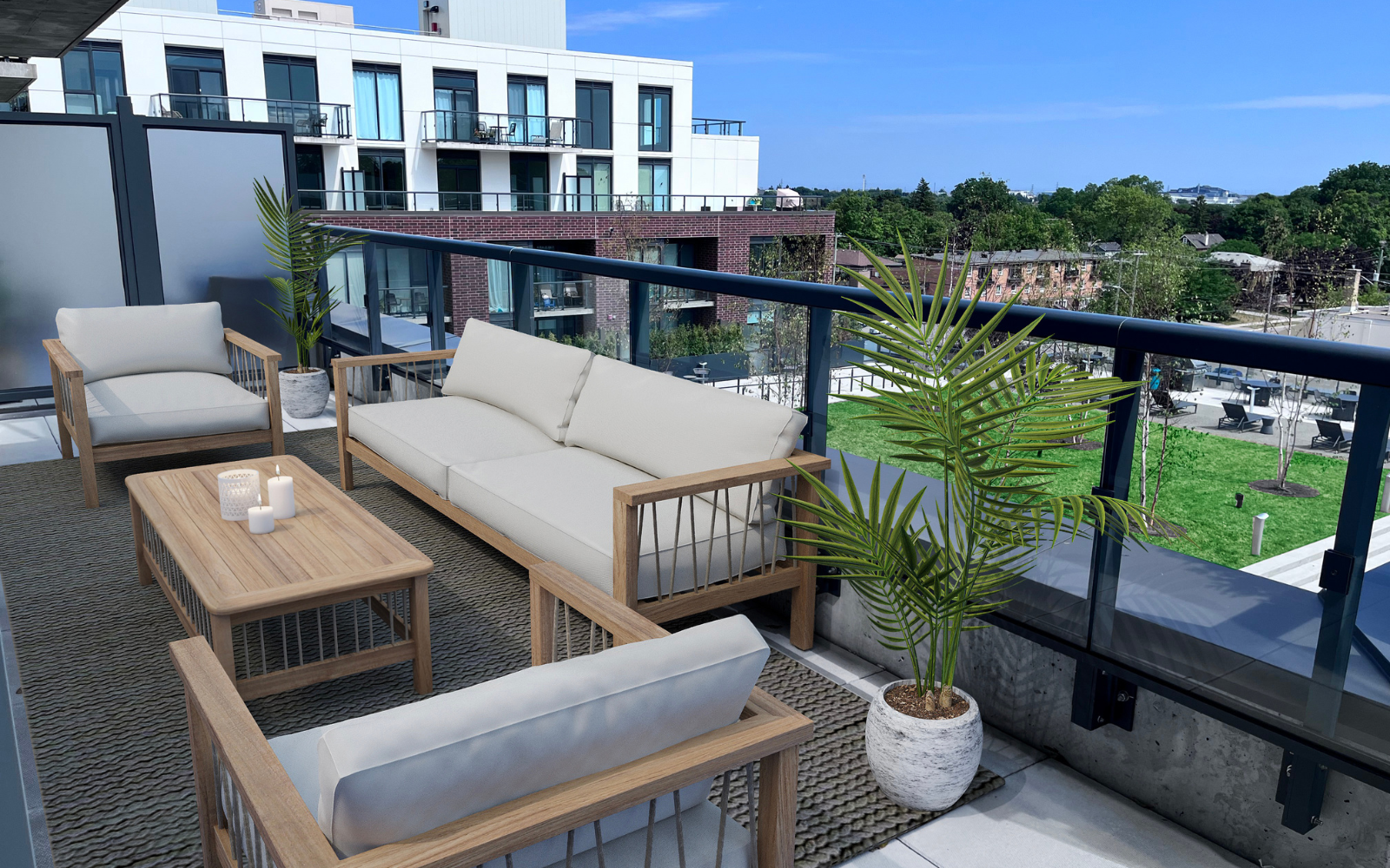 Virtually staged photo of the terrace of Suite 512 at Station No. 3 in Whitby, ON