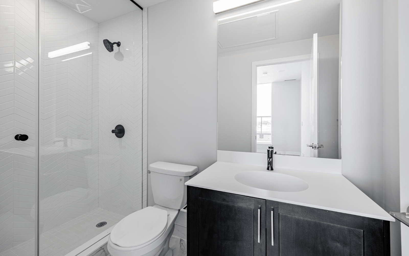 Photo of the bathroom in a Wentworth suite at Station No. 3 in Whitby, ON